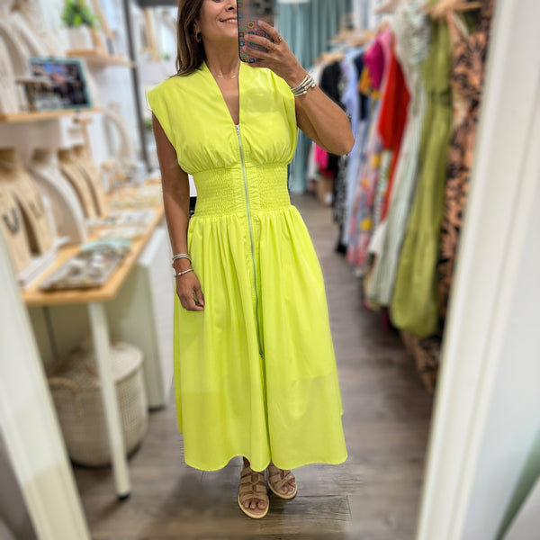 Lime Front Zipper Midi Dress - Peplum Clothing