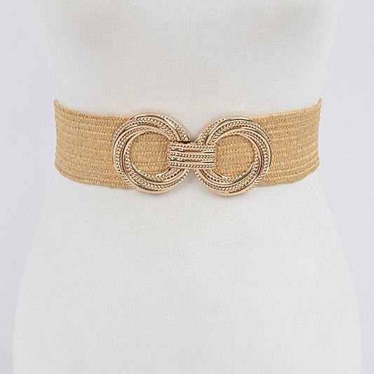 Metal Circle Buckle Stretch Straw Belt - Peplum Clothing