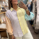 Multi Stripe Button Down Top - Peplum Clothing