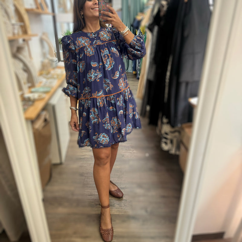 Navy Paisley Print Dress - Peplum Clothing