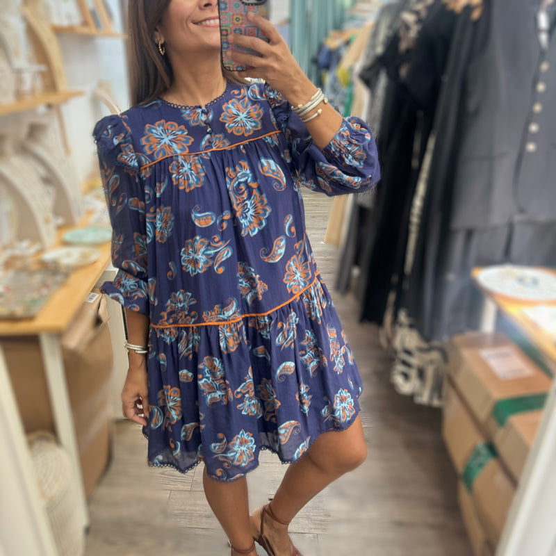 Navy Paisley Print Dress - Peplum Clothing