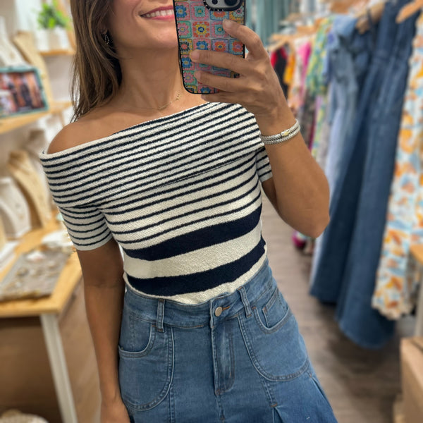 Navy Striped Off-Shoulder Top - Peplum Clothing