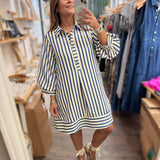 Navy Stripes 3/4 Sleeves Dress - Peplum Clothing