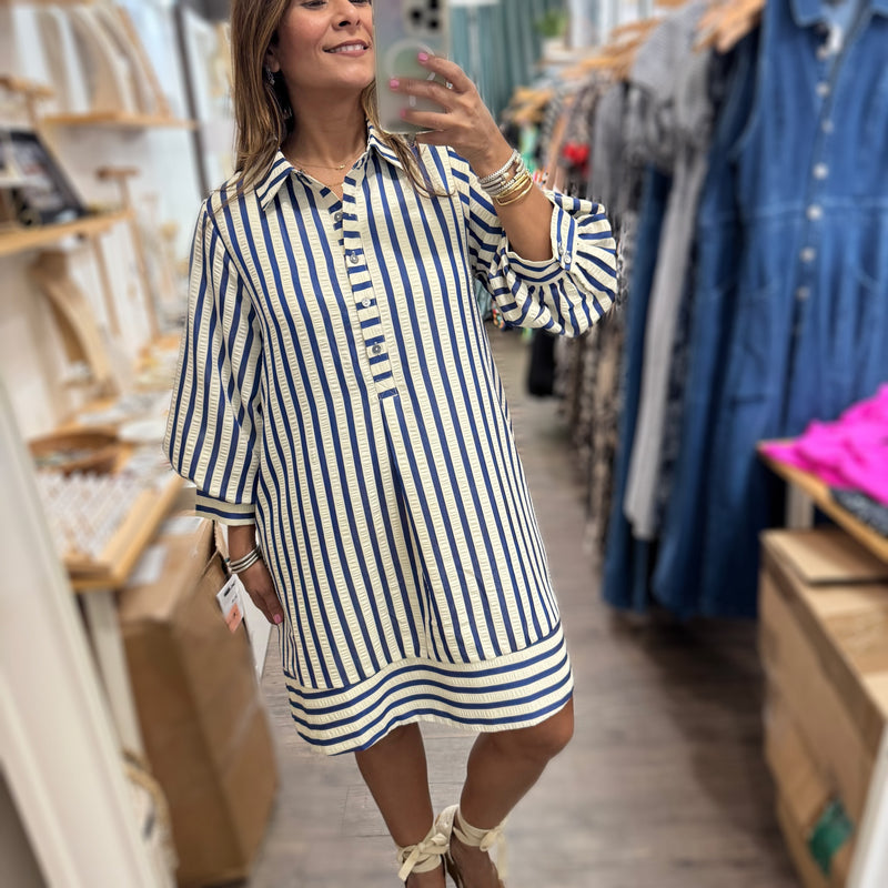 Navy Stripes 3/4 Sleeves Dress - Peplum Clothing