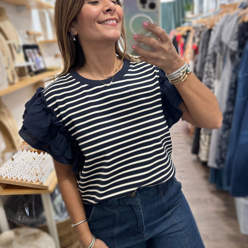 Navy Stripes Textured Top - Peplum Clothing