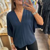 Navy V - Neck Dolman Sleeves Top - Peplum Clothing