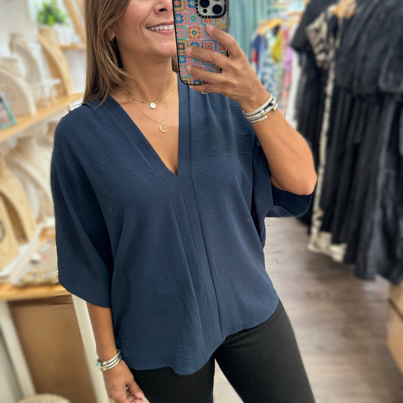 Navy V - Neck Dolman Sleeves Top - Peplum Clothing