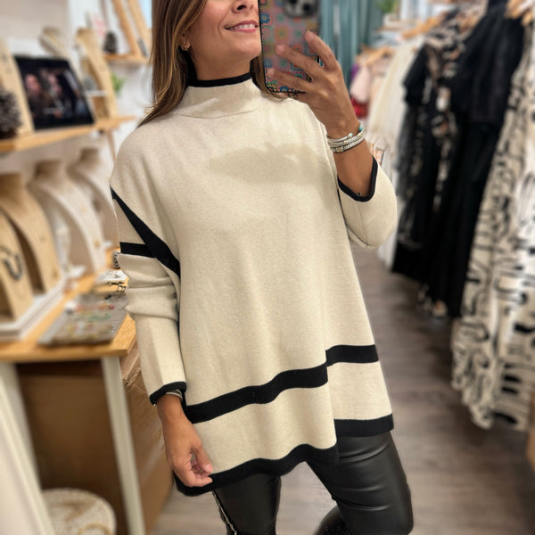 Oatmeal & Black Poncho Sweater - Peplum Clothing