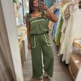 Olive Stitch Detail Top & Pant Set - Peplum Clothing