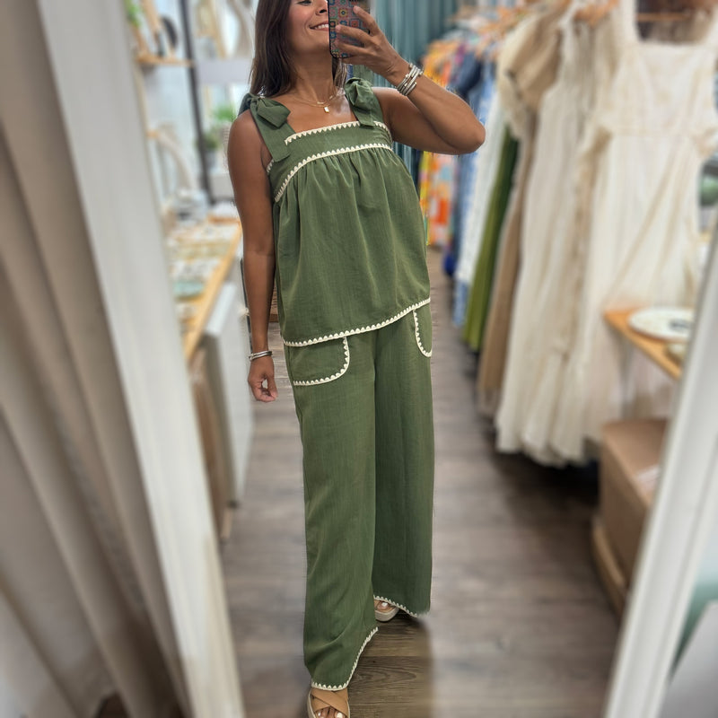 Olive Stitch Detail Top & Pant Set - Peplum Clothing