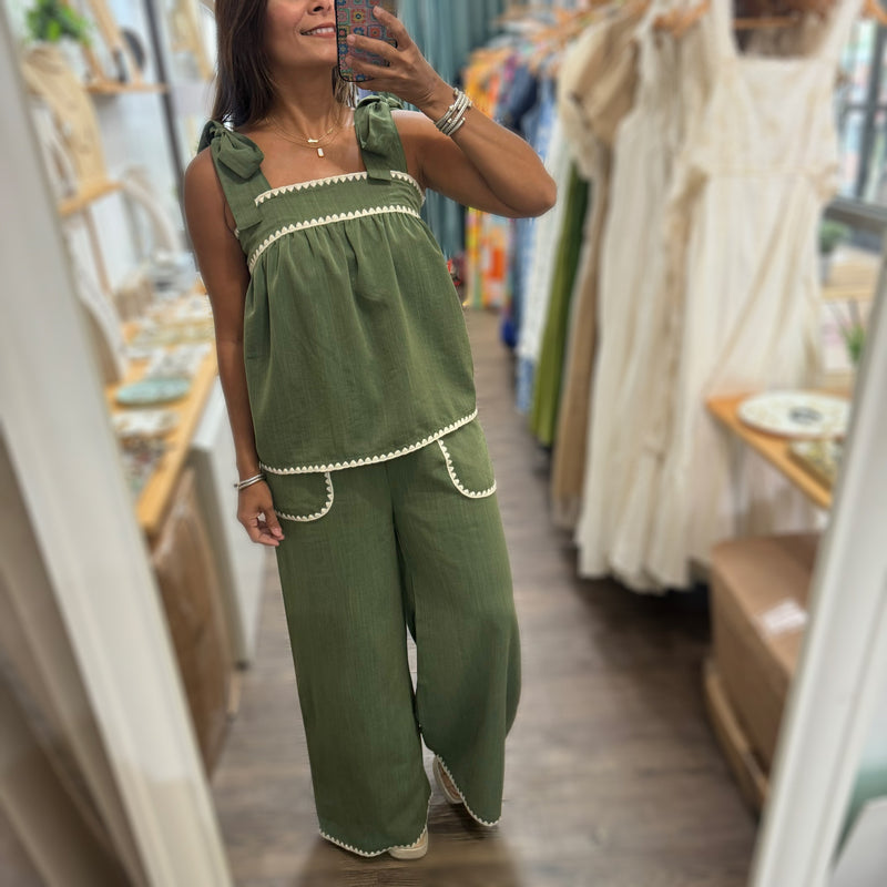 Olive Stitch Detail Top & Pant Set - Peplum Clothing