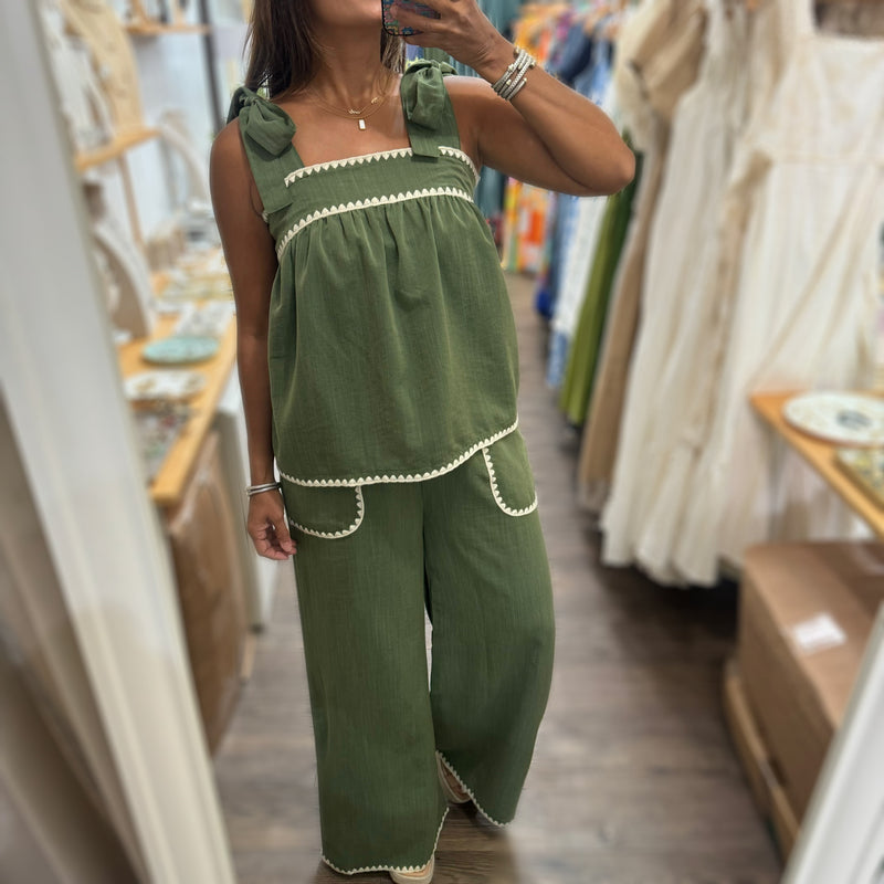 Olive Stitch Detail Top & Pant Set - Peplum Clothing