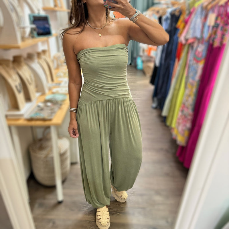 Olive Strapless Mineral Wash Jumpsuit - Peplum Clothing