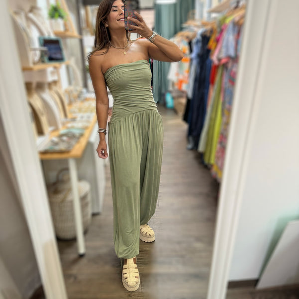 Olive Strapless Mineral Wash Jumpsuit - Peplum Clothing