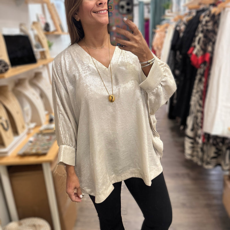 Pearl Metallic Dolman Sleeve Top - Peplum Clothing