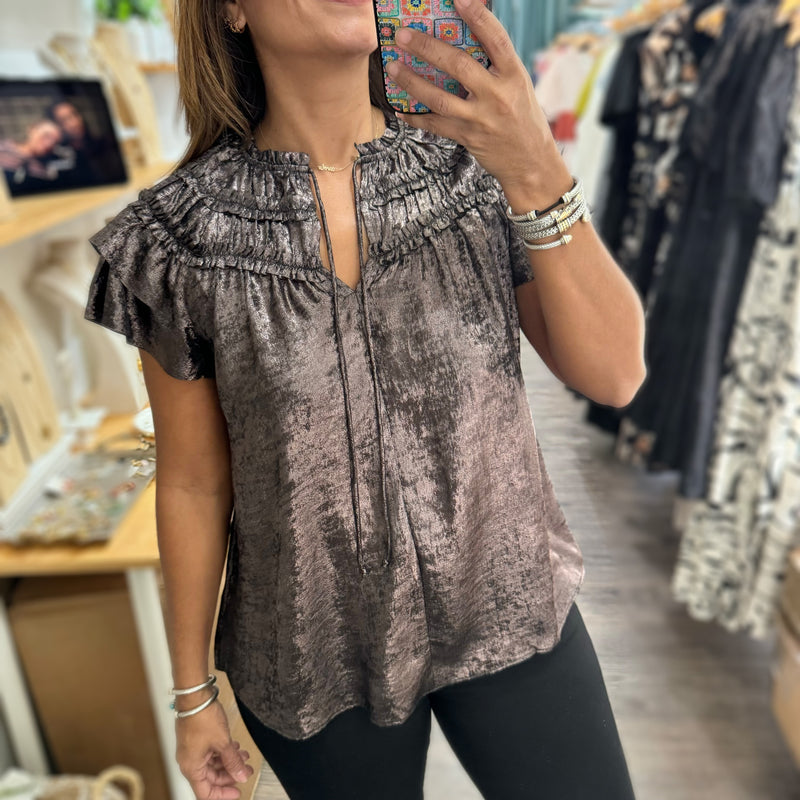 Pewter Metallic Flowy Top - Peplum Clothing