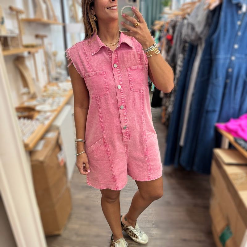 Pink Denim Button Down Romper - Peplum Clothing