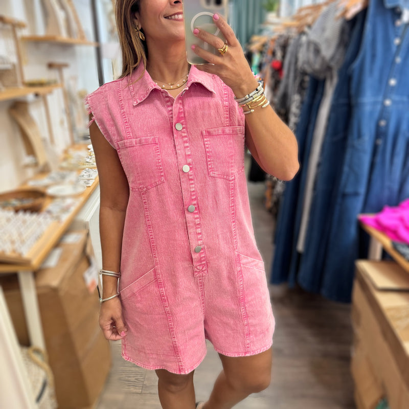 Pink Denim Button Down Romper - Peplum Clothing