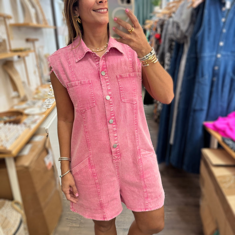 Pink Denim Button Down Romper - Peplum Clothing