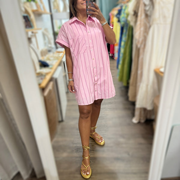 Pink Stripes Shirt Dress - Peplum Clothing