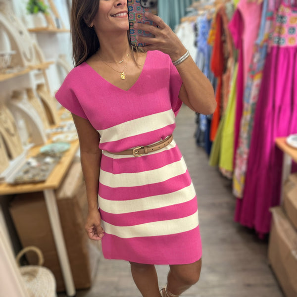 Pink Stripes V-Neck Dress - Peplum Clothing