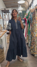 Navy Embroidered Sleeves Tiered Dress