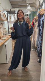 RE-STOCK Navy Cold Shoulder Top & Harem Pants