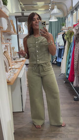 Olive Green Denim Top & Pants Set