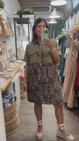 Leopard & Olive Print Front Pockets Dress