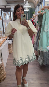 Ivory & Green Embroidered Hem Dress