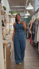 Denim Halter Button Down Jumpsuit