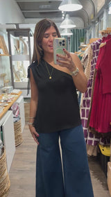 Black One Shoulder Drawstring Top