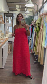 Red Strapless Eyelet Dress