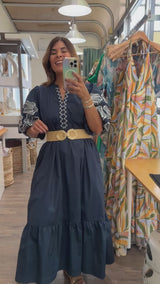 Navy Embroidered Sleeves Tiered Dress