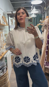 Ivory & Blue Embroidered Hem Top