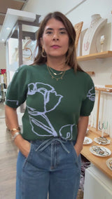 Hunter Green & Blue Flower Top