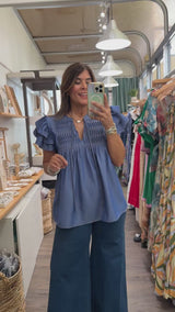 Denim Front Pleated Detail Top
