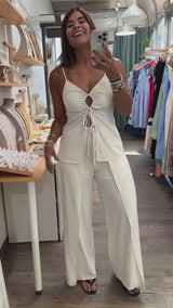 Beige Cut Out Top & Pants Set