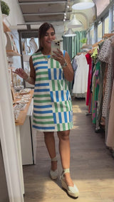 Blue & Green Geometric Print Dress