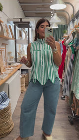 Green Stripes Button Down Top