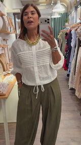 White Eyelet Drawstring Hem Top