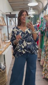 Navy Print Drawstring Top