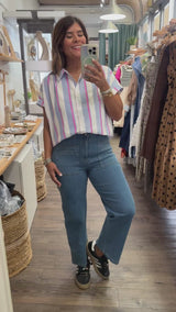 Blue & Pink Stripes Button Down Top