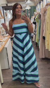 Blue & Green Asymmetrical Stripes Dress