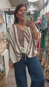 Taupe Stripes Drawstring Top