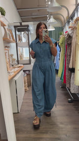 Denim Smocked Waist Jumpsuit