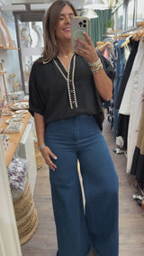 Black Embroidered Detail Collared Top