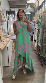 Green & Pink Asymmetrical Hem Dress