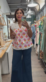 Colorful Print & Eyelet Top