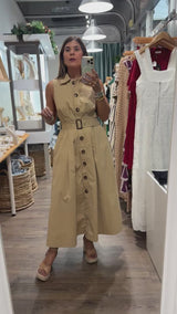 Tan Button Down Belted Dress